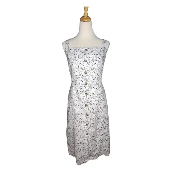 Gap White Grey Black Floral Linen Bib Front Button Down Dress w Pockets 16 Tall - Picture 2 of 9